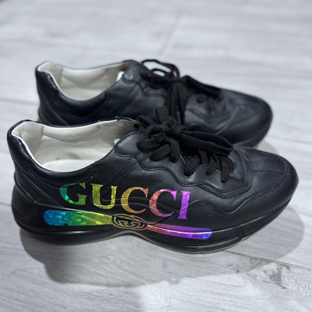 Gucci Rhyton Rainbow Logo Sneakers Black Leather Size 10 – Rare